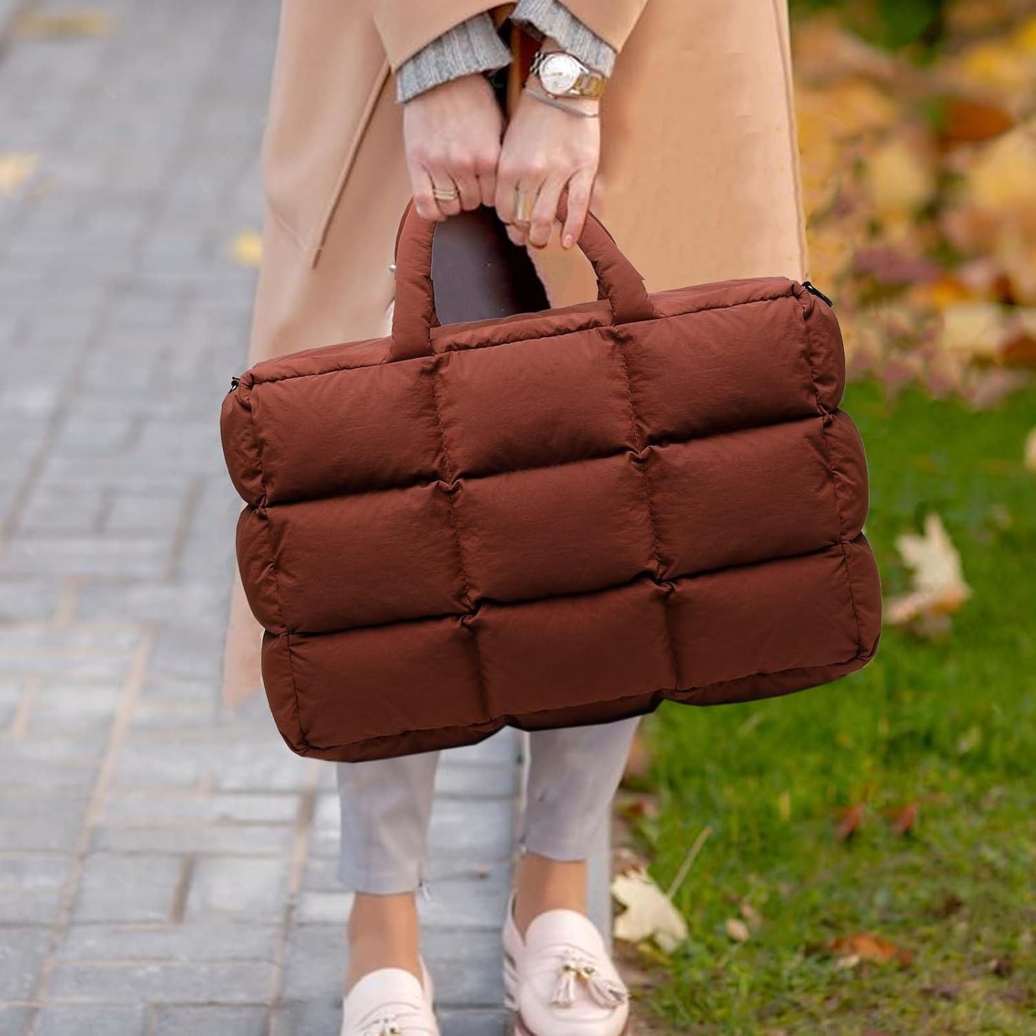 image:imageBTOOP Puffer Tote for Women Large Quilted Puffy Bag with Zipper Lightweight Cute Bag for Work Travel Shop Gym