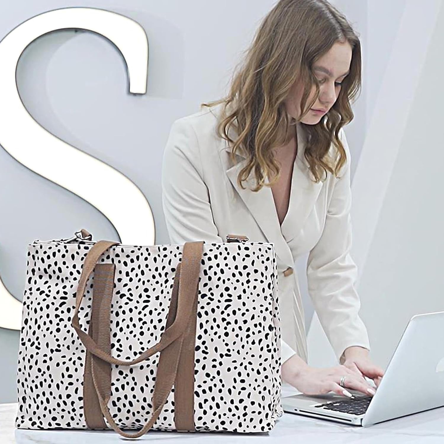 image:imageBTOOP Tote Bag for Women Work Teacher Tote Bag 156 inch Laptop Shoulder Bags Handbag Office Briefcase with Clutch PurseLinen Rice White