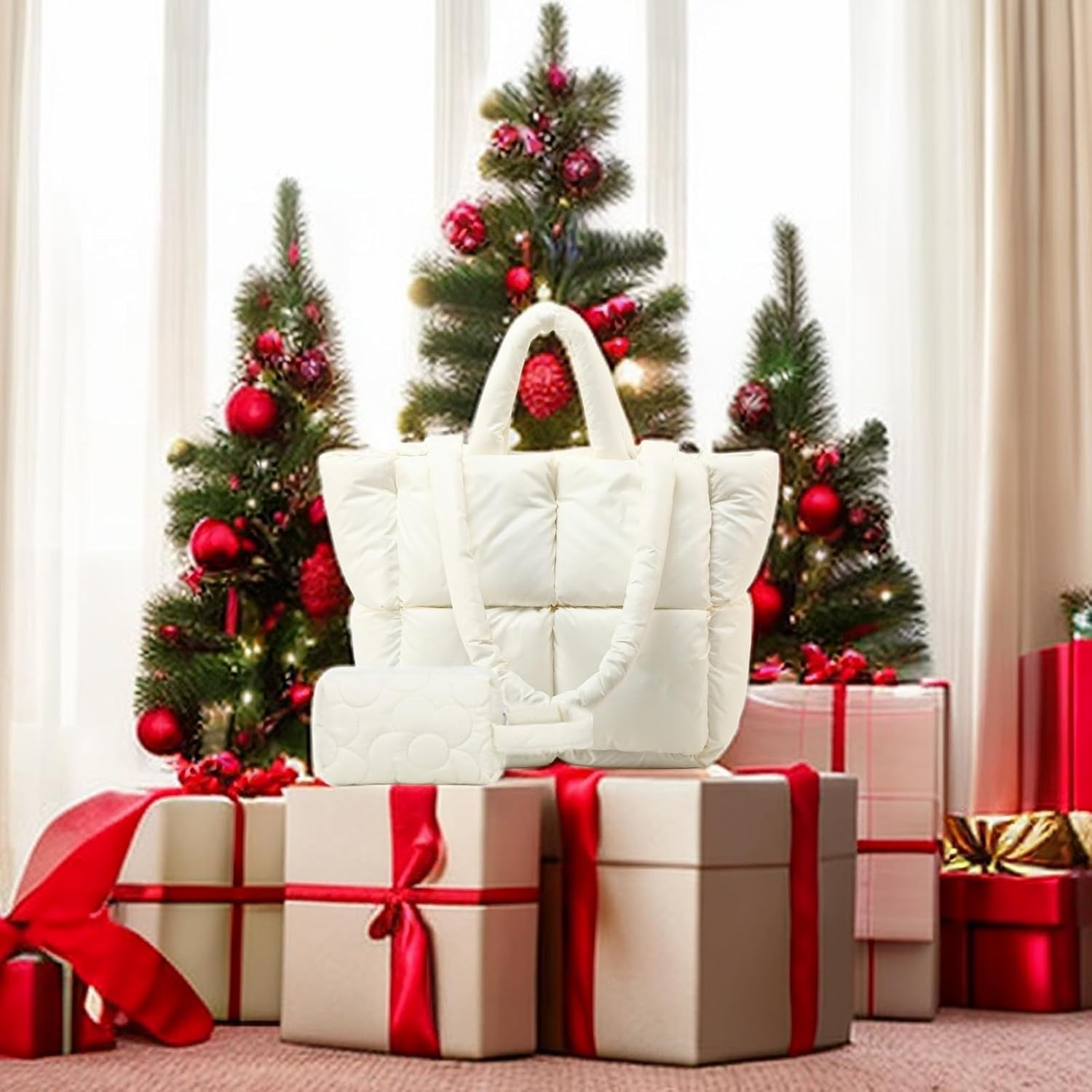 image:imagePuffer Tote Bag Quilted Puffy Purse Cute Padded Winter Shoulder Bags Lightweight Down Handbag for Women Work Travel