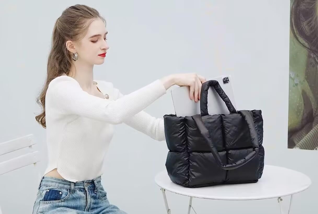 image:imagePuffer Tote Bag Quilted Puffy Purse Cute Padded Winter Shoulder Bags Lightweight Down Handbag for Women Work Travel