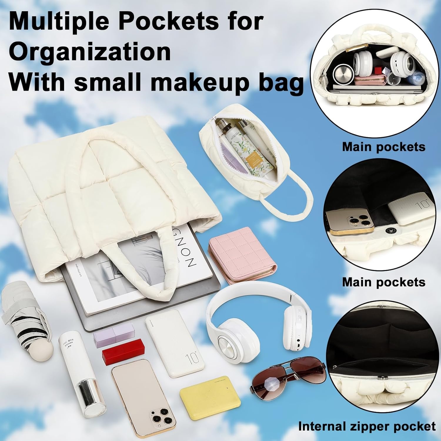 image:imagePuffer Tote Bag Quilted Puffy Purse Cute Padded Winter Shoulder Bags Lightweight Down Handbag for Women Work Travel